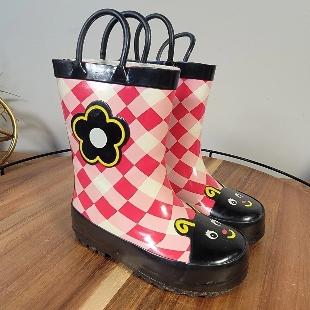 Kids Rain boots Flower Ladybug Gingham Picnic Checkerboard Size 5.5